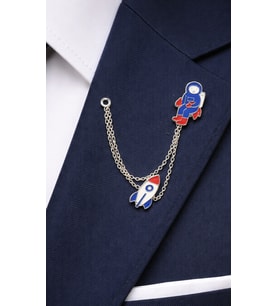Astronot Roket Figürlü Gümüş Renk Zincirli Yaka İğnesi Unisex