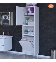 Modilayn 50 x 163,4 x 32,5 cm 2 Kapak Üç Bölmeli Kirli Çamaşır Dolabı Sepetli Banyo Dolabı (Beyaz)