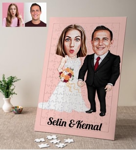 Damat ve Gelin Özel Karikatürlü Kişiye Özel Puzzle
