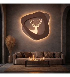Ledli Geyik Duvar Dekoru 50 x 45 cm Ahşap 3D Ev, Ofis, Çocuk Odası Dekorasyonu