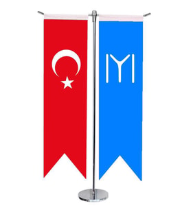 Masa Üstü Kırlangıç Kayı Boyu + Türk Bayrağı + Krom T Direk Masa Bayrak Seti
