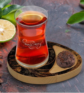 BK Gift Kişiye Özel Mermer Tasarımlı Doğal Ahşap Tabaklı Heybeli Çay Bardağı Sunum Seti Model 14