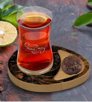 BK Gift Kişiye Özel Mermer Tasarımlı Doğal Ahşap Tabaklı Heybeli Çay Bardağı Sunum Seti Model 14