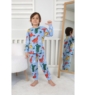 Dinozor Desenli Erkek Çocuk Pijama Takımı Mavi