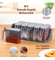 Porsima 1182 6 lı Standlı Kendinden Yapışkanlı Kapaklı Kaşıklı Baharatlık Takımı - Baharatlık - Antrasit