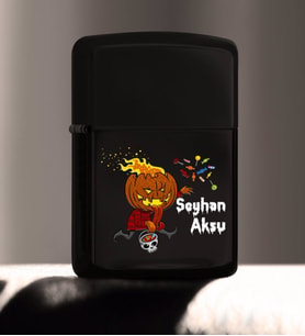 BK Gift Kişiye Özel Happy Halloween Tasarımlı Renkli Baskılı Siyah Benzinli Metal Çakmak-12