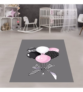 Balon Desenli Puantiyeli Dijital Baskı Yıkanabilir Kaymaz Taban Çocuk ve Bebek Odası Halısı (Gri)
