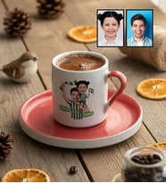 Kişiye Özel Karikatürlü Yeşil Beyaz Baba Kız Türk Kahvesi Fincanı Babalar Günü Hediyesi