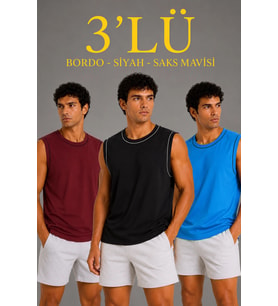 Erkek 3 lü Kolsuz Sporcu Atlet Seti Yazlık Bisiklet Yaka - Siyah, Bordo, Turkuaz