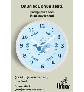 İsme Özel Sevimli Balina Çocuk Odası Duvar Saati Orta Boy 30 cm Beyaz Camlı Sessiz