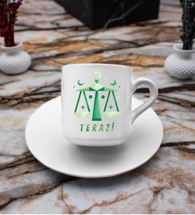 Terazi Burcu Tasarım Süblimasyon Türk Kahvesi Fincanı (Beyaz)