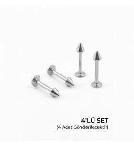 Lorivelle 4'lü Kararmaz Çelik Koni Uçlu Labret Piercing Seti Tragus Helix Dudak Burun Conch Kıkırdak Küpesi
