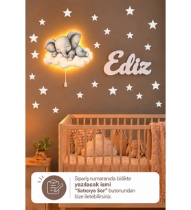 Ahşap Fil Bulut Lamba & Işıksız İsimlik Seti – İsimli Bebek ve Çocuk Odası Dekoru