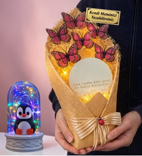Size Özel Led Işıklı Aynalı Pembe Kelebek Buketi ve Renkli Işıklı Biblolu Fanus (Model 2)