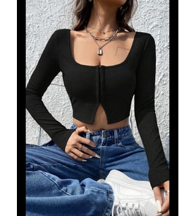 Fantezia Night Kadın Siyah Uzun Kollu Agraflı Göğüs ve Göbek Dekolteli Crop Top Bluz