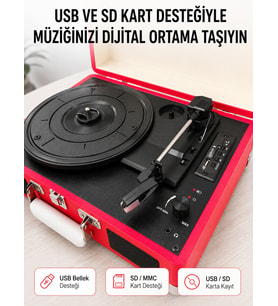 Bluetooth Bağlantılı Portatif Pikap 33 45 78 Devir Dahili Hoparlör ve Şarj Edilebilir Pil