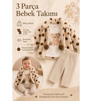 Minik Ayıcık Baskılı Puanlı Yumuşak Dokulu Peluş Montlu 3 lü Kız Bebek Set Takım Ak8534