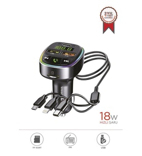 TORİMA G15 Siyah FM Transmitter Araç Şarj Cihazı (18W Hızlı Şarj - USB/Type-C/TF Kart Destekli)