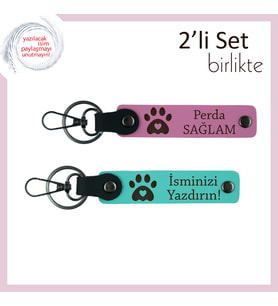 Kedi İle Büyüyen Çocuklara Anlamlı Hediyelik, Kalpli Pati Motifli Anahtarlık Takımı, Pembe-Turkuaz