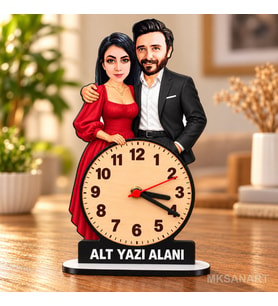 Fotoğraftan Kişiye Özel 2 Kişilik Çift Karikatürlü 18 cm MDF Dikey Masa Saati - Takım Elbiseli Erkek Hediyesi Yeni İş ve Meslek Hediyesi