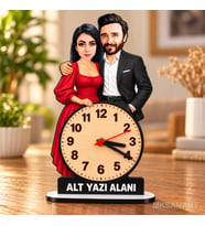 Fotoğraftan Kişiye Özel 2 Kişilik Çift Karikatürlü 18 cm MDF Dikey Masa Saati - Takım Elbiseli Erkek Hediyesi Yeni İş ve Meslek Hediyesi