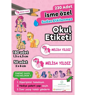 Pony Tasarımlı Kişiye Özel İsimli Defter Kalem Okul Etiketi, Yırtılmaz PVC Etiket, Suya Dayanıklı (Beyaz)