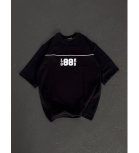 Unisex Bisiklet Yaka Baskılı Oversize T-Shirt - Siyah