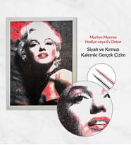 Gerçek Kalemle Çizilmiş Portre – Marilyn Monroe Portre - Siyah ve Kırmızı - Köşeli Çizgiler-30X40 CM (Beyaz)