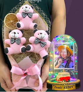 Kişiye Özel Renkli Led Işıklı Fanus ve Büyük Boy Pembe Ayıcık Buketi Hediye Seti (Model 2)