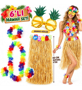 Northcity Hawaii Parti Kostüm Seti - 60 cm Hasır Etek, Çiçekli Aksesuarlar ve Ananas Gözlük