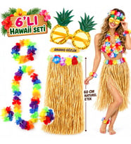 Northcity Hawaii Parti Kostüm Seti - 60 cm Hasır Etek, Çiçekli Aksesuarlar ve Ananas Gözlük