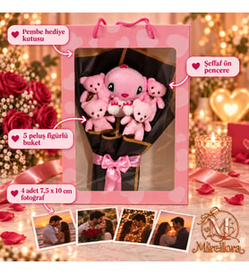 Mirellora Sevgiliye Pembe Peluş Buket – 5 Peluş ve 4 Fotoğraf