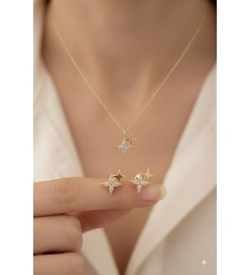 925 Ayar Gümüş Minimalist Kutup Yıldızı Kolye Küpe Bileklik Set.rose.gold.rodaj Renk Seçeneği