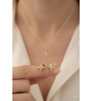 925 Ayar Gümüş Minimalist Kutup Yıldızı Kolye Küpe Bileklik Set.rose.gold.rodaj Renk Seçeneği