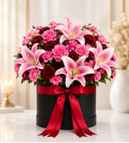 Silindir Kutuda Pembe Lilyum & Gül ve Kasımpatı
