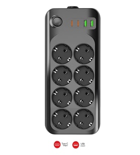 Termal Akım Korumalı USB ve Type-C 2.1A Şarj Çıkışlı 10A 2500W 8'li Uzatma Grup Priz 2 Metre 3422 (Siyah)