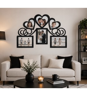 Kişiye Özel Kalpli Aile Fotoğraf Çerçevesi – 45x33 cm – 6 mm MDF – Duvar Dekoru – Siyah