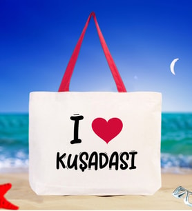 BK Gift I Love Kuşadası Renkli Kulp Kanvas Plaj Çantası 48x40m, Baskılı Omuz Çantası, Alışveriş Çantası (Kırmızı)