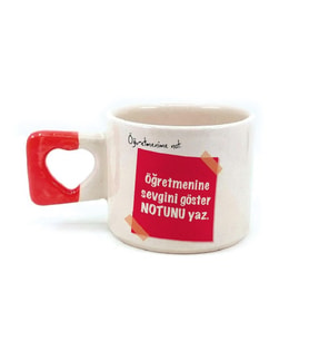 Kişiye Özel Öğretmene Notunuzu Siz Oluşturun Kalp Kulplu Kırmızı Kupa (Beyaz)