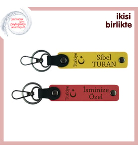 Ayyıldız ve Türkiye Gibi Parlayan Anlamlı Hediye, Kişiye Özel Deri Anahtarlık Takım, Sarı-Nar Çiçeği