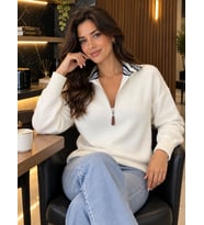 Kadın Yarım Pat Fermuarlı Polo Yaka Triko Kazak 8761
