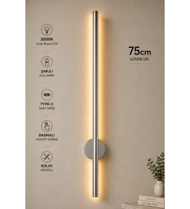 Patoğlu Aydınlatma 75 cm Krom Şarjlı LED Duvar Apliği Type-C Soketli 3000K
