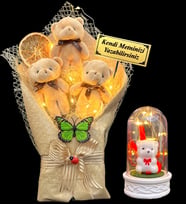 Size Özel Led Işıklı Peluş Ayıcık Buketi ve Led Işıklı Biblolu Fanus Hediye Seti (Model 7)