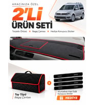VOLKSWAGEN CADDY (2015-2021) Uyumlu Torpido Örtüsü + Tay Tüyü Bagaj Çantası + Sticker Seti - Siyah Kırmızı