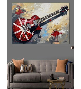 Elektro Gitar Ve Renk Sıçramaları Dekoratif Kanvas - Mdf Ahşap Tablo