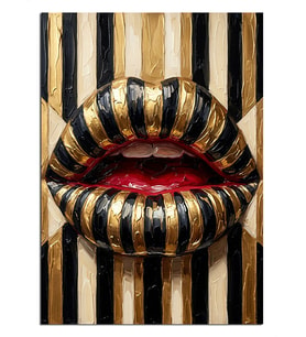 Altın Siyah Çizgili Dudaklar Pop Art Dekoratif Kanvas - Mdf Ahşap Tablo