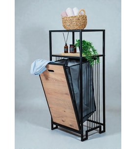 DEKORATİF KİRLİ SEPETLİ BANYO DOLABI AHŞAP RAFLI METAL GÖVDELİ 2 RAFLI ÇAMAŞIR SEPETİ BANYO DÜZENLEYİCİ ORGANİZER