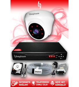 BAYICAM 1 Kameralı Dome 1 İç Kamera Set 500 GB HDD Full HD Gece Görüşlü Güvenlik Kamerası Sistemi