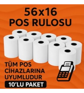 56 mm x 16 m Termal Pos Kağıdı - Pos Rulosu - Yazarkasa Pos Kağıdı 10 Adet