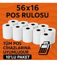 56 mm x 16 m Termal Pos Kağıdı - Pos Rulosu - Yazarkasa Pos Kağıdı 10 Adet